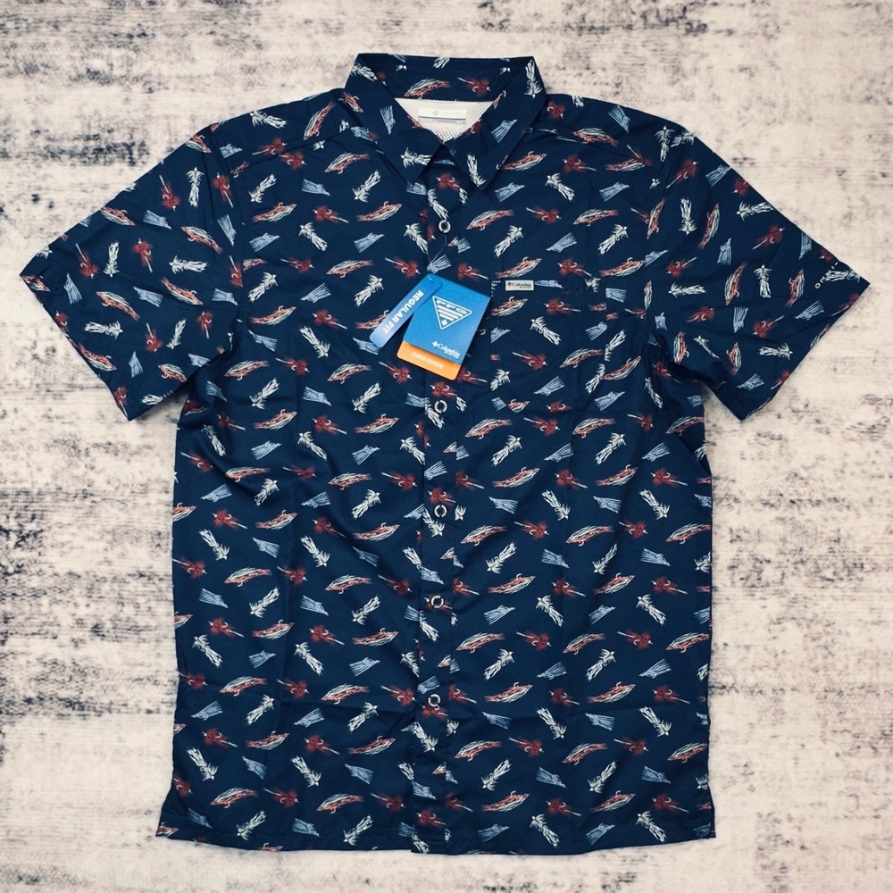 NWT Columbia PFG Super Slack Tide Camp Shirt Small Navy Fly Lure‎ Print MSRP $60